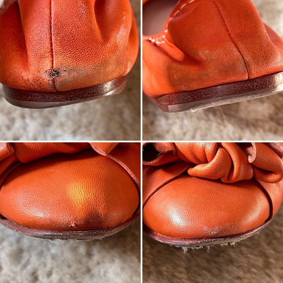 Miu Miu Leather Knotted Bow Elasticized Scrunch Ballet Flat In Orange Sz 38 1/2 - Picture 12 of 14